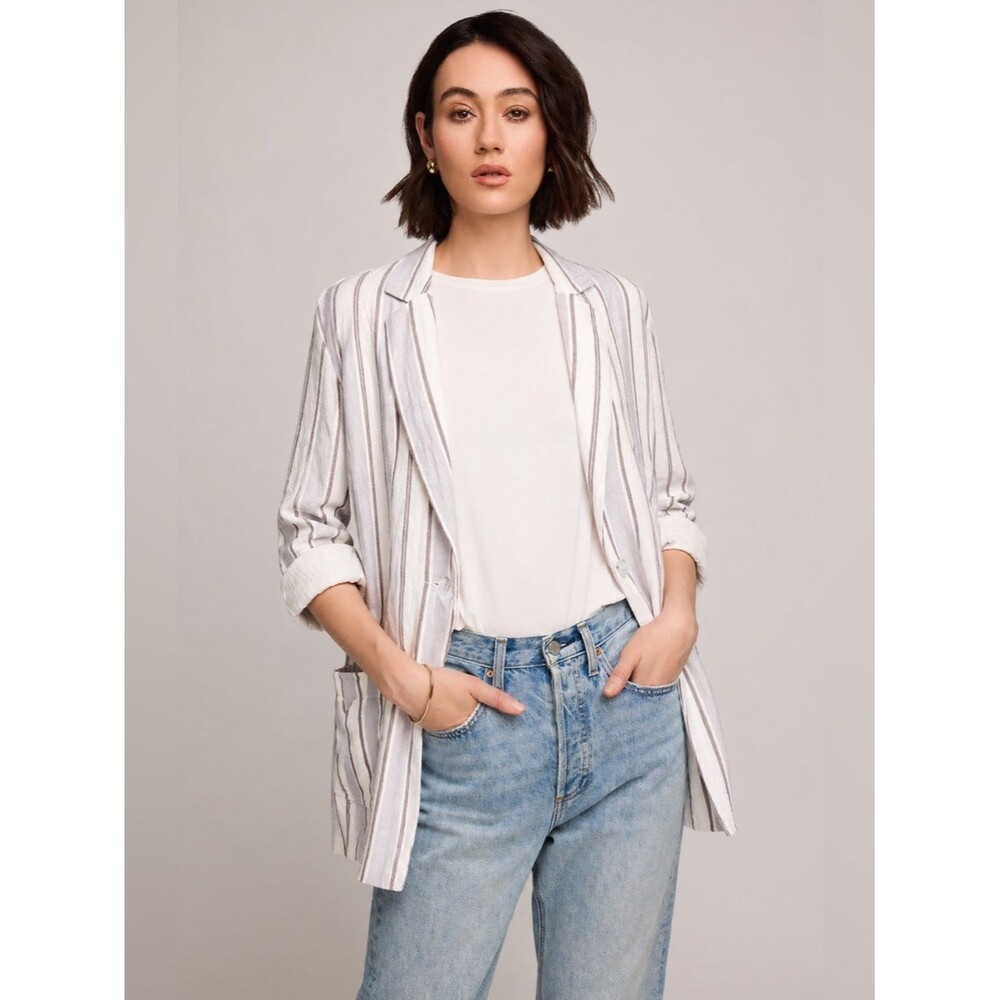 Gentle Fawn White Linen Blend Jacket Button Front Taupe Stripes Oversized Sz XS